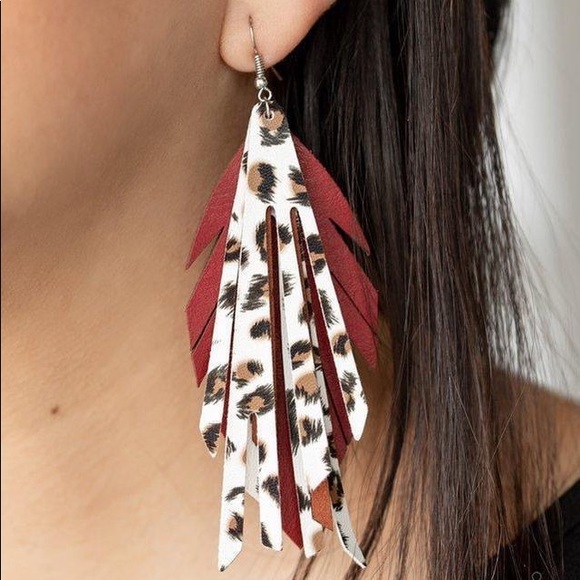 Red cheetah feather earrings